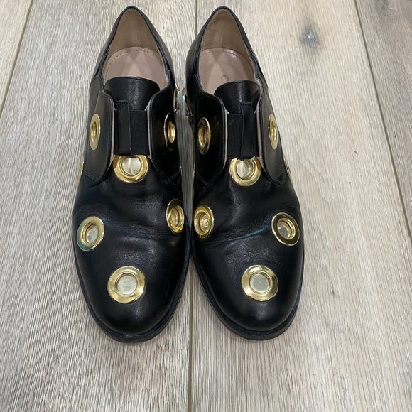 Cavallini Black Leather Studded Gold Heel Loafers Size 37 - Picture 1 of 12